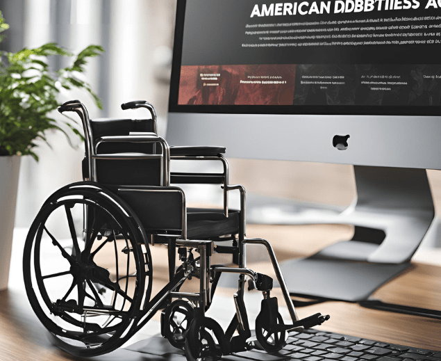 A desktop computer displays a website, with a miniature wheelchair in front, symbolizing accessibility and inclusivity in a bright office setting.